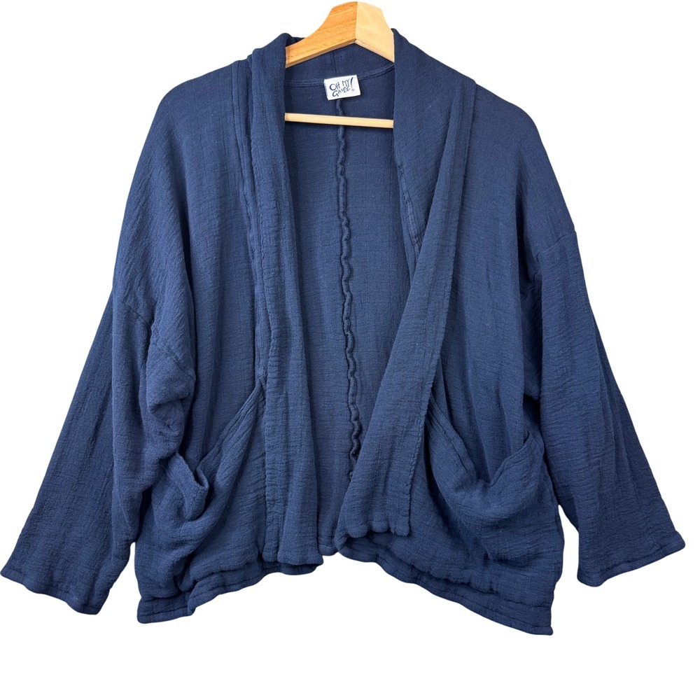 Oh My Gauze Navy Blue Cotton Gauze Shawl Collar Open Front Cardigan Jacket Sz B
